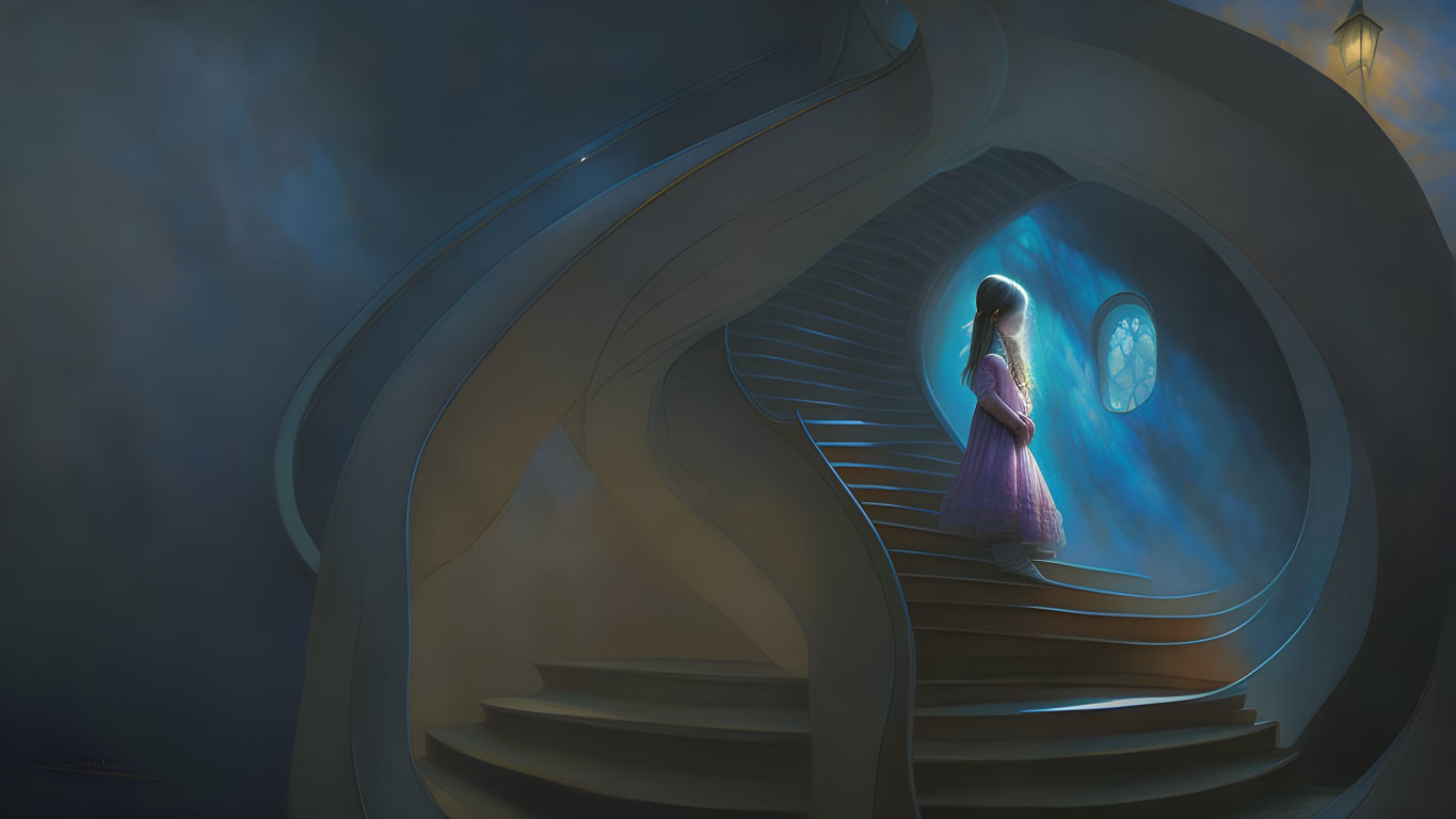 Girl in purple dress on spiraling staircase under moonlit sky with glowing orb and lantern.