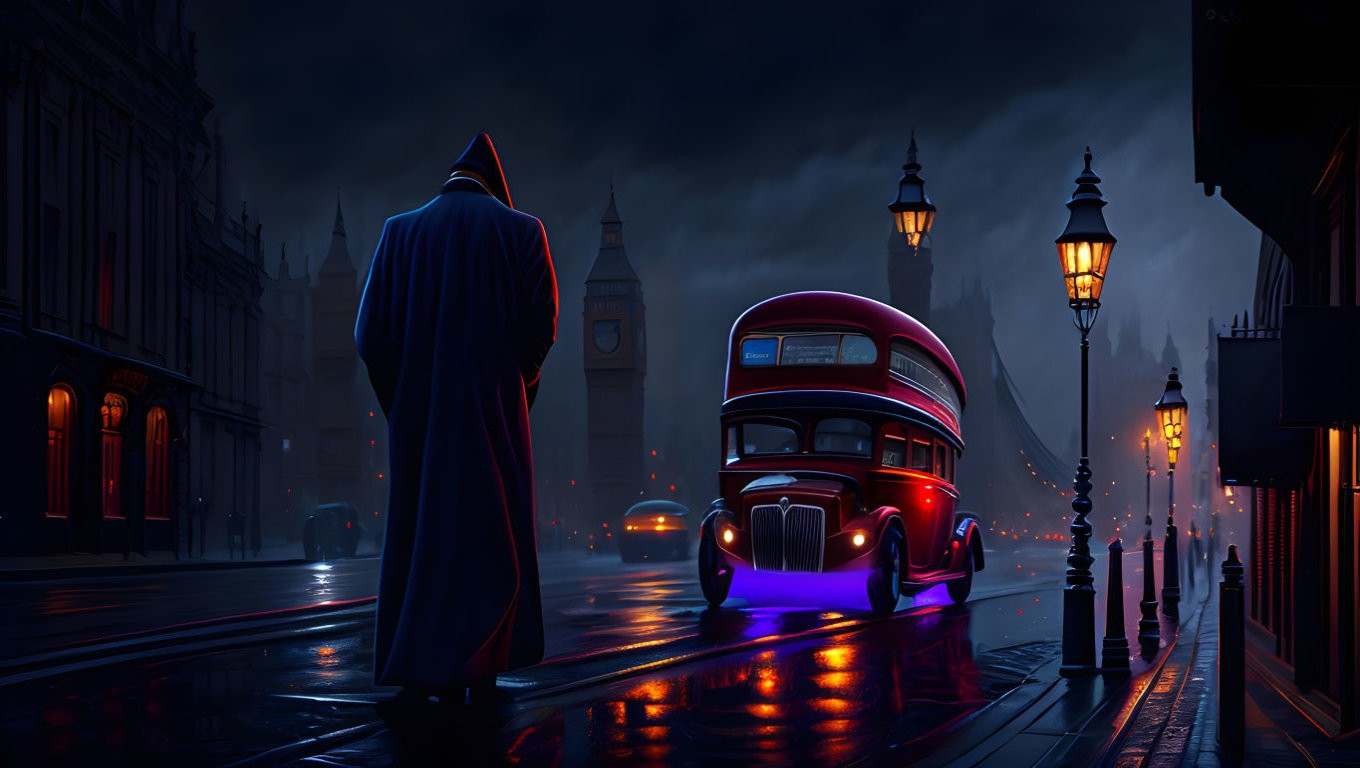 Mysterious figure observes red bus on neon-lit London street