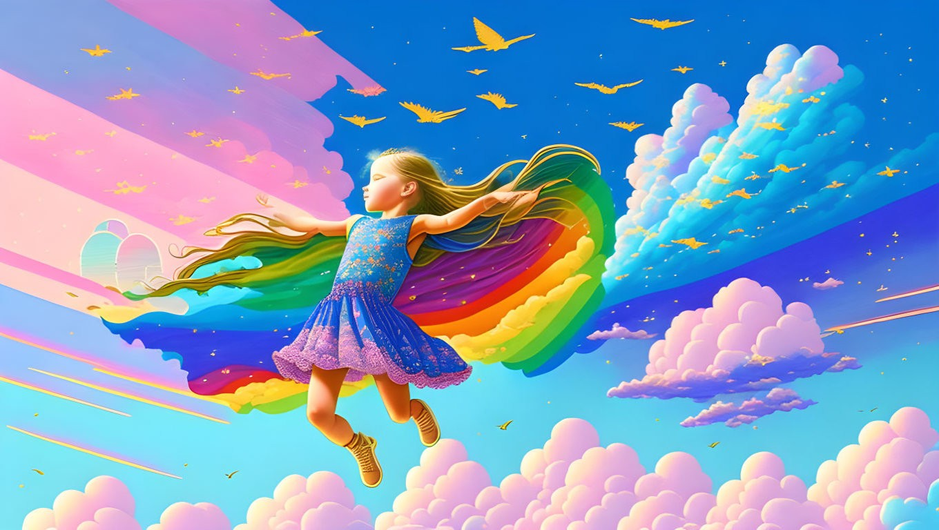 Girl in blue dress leaps above clouds with rainbow trail in surreal sky