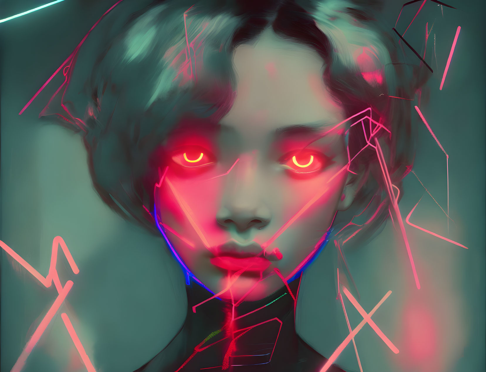 Digital art portrait with short haircut, neon pink accents, red glowing eyes, abstract shapes.