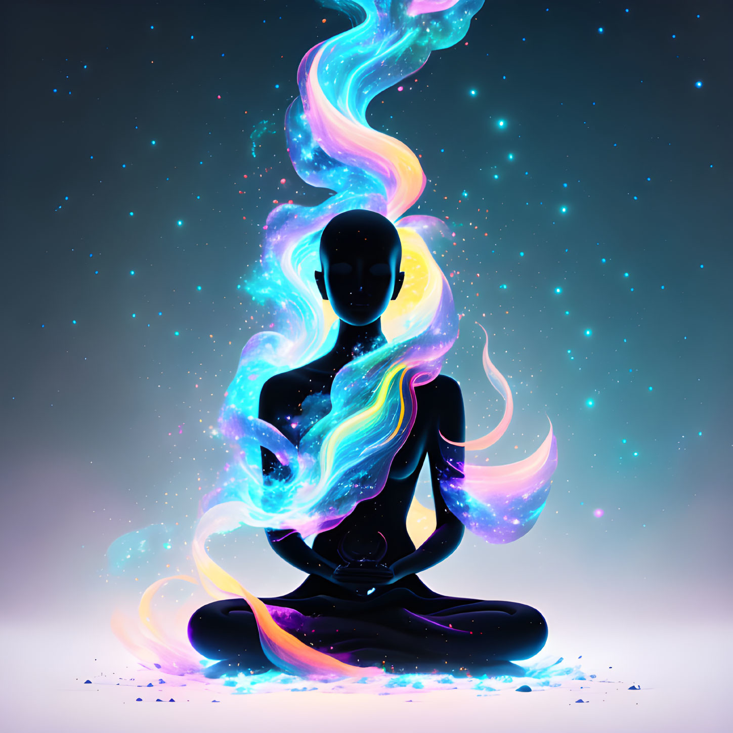 Meditating figure with cosmic energy on starry background