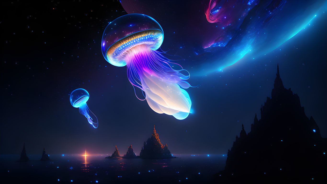 Ethereal jellyfish-like entities in starry space landscape