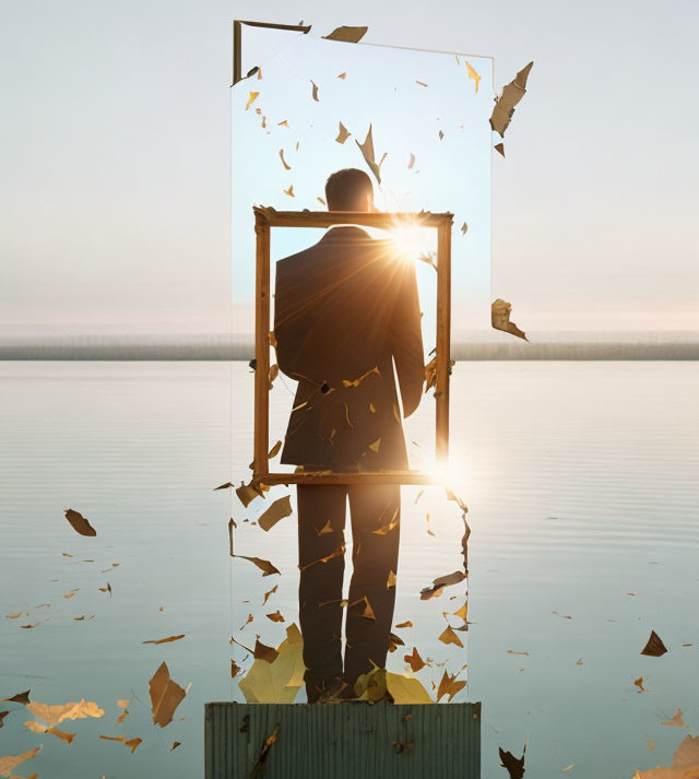 Person holding frame in water with sunlight and floating leaves