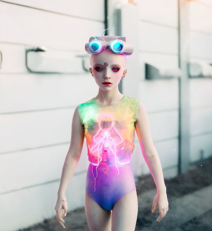 Person with Pastel Rainbow Body Paint and Pink Futuristic Goggles on White Background