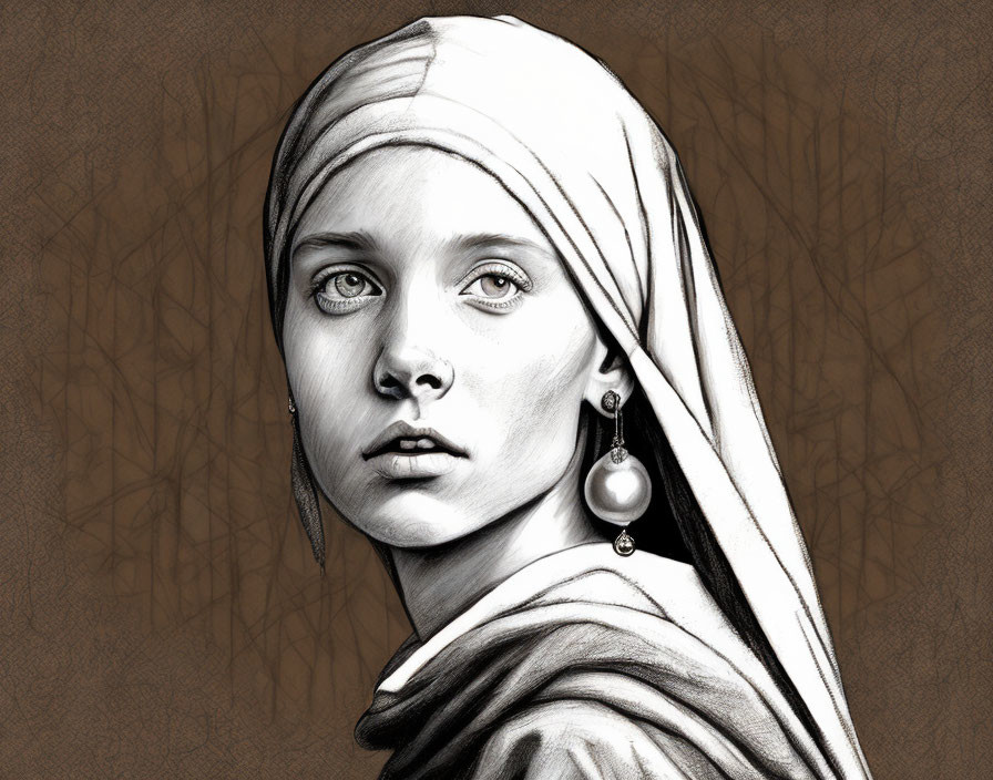 Detailed pencil sketch of young woman in white headscarf and pearl earring on textured brown background