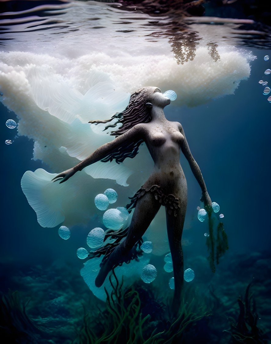 Woman with jellyfish-like features in serene underwater scene