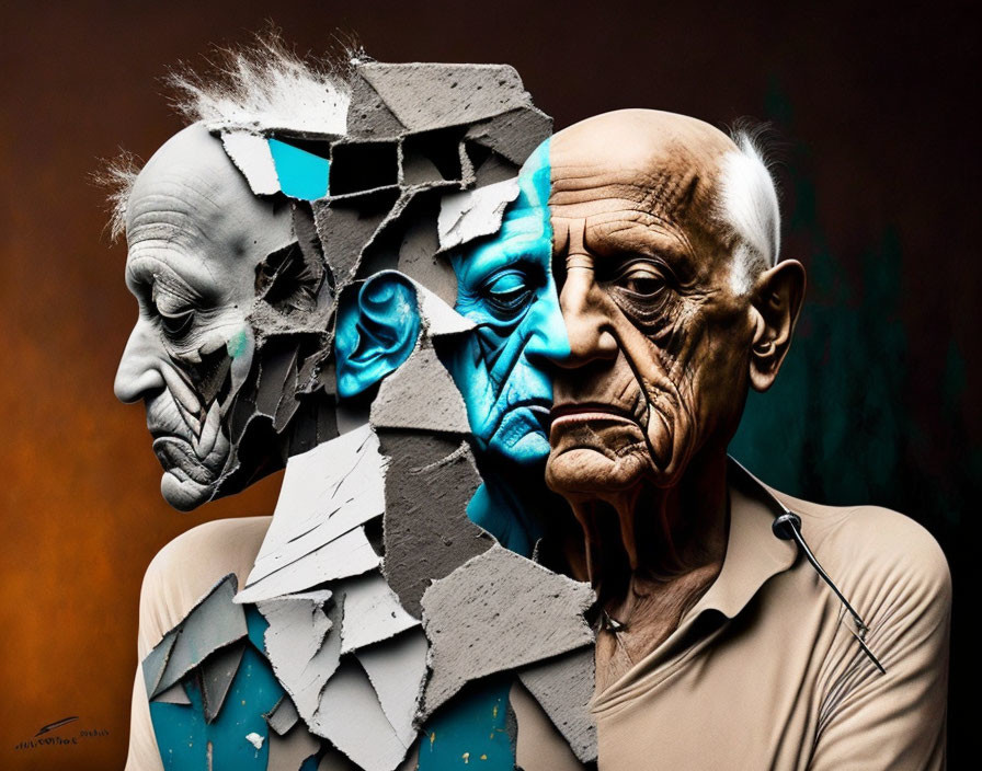 Elderly man portrait with fractured effect and layers symbolizing complexity