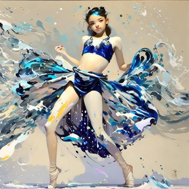 Dynamic Pose Girl in Flowing Dress with Abstract Blue & White Splashes