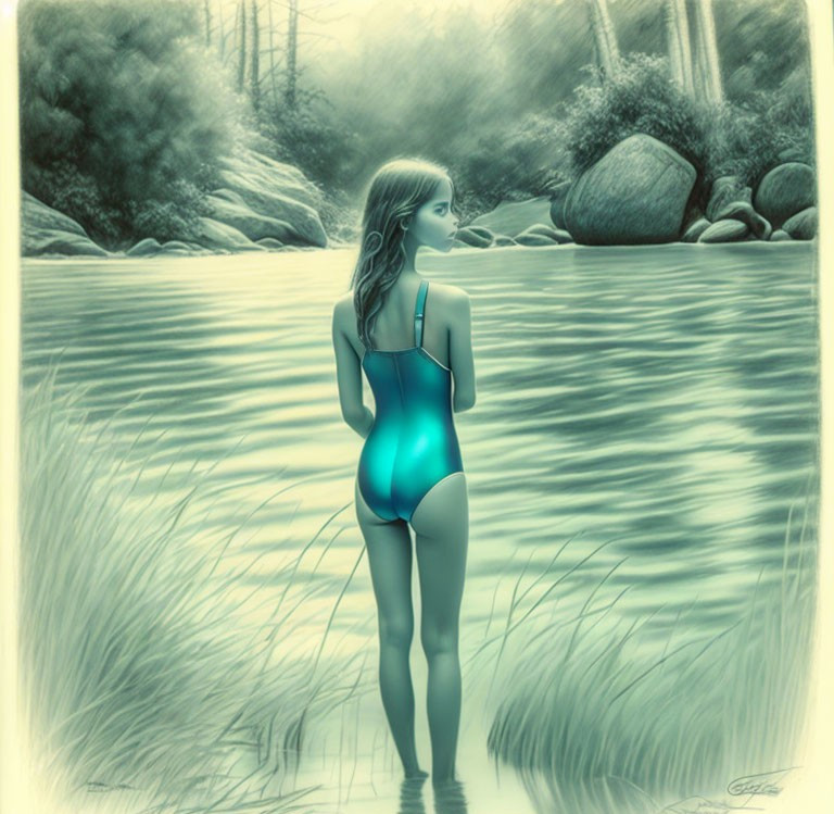 Young girl in one-piece swimsuit by tranquil river in serene, monochromatic scene