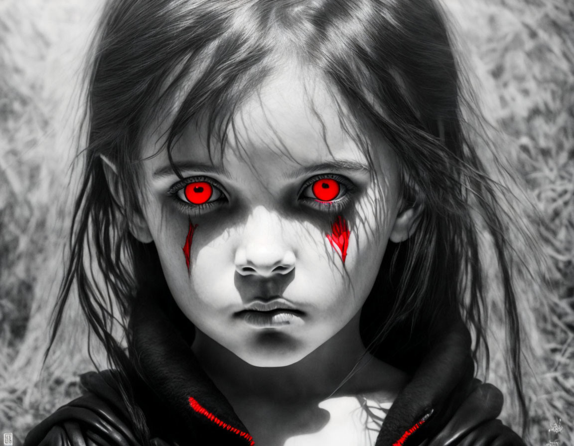 Monochromatic portrait of young girl with red eyes and face paint, in black jacket