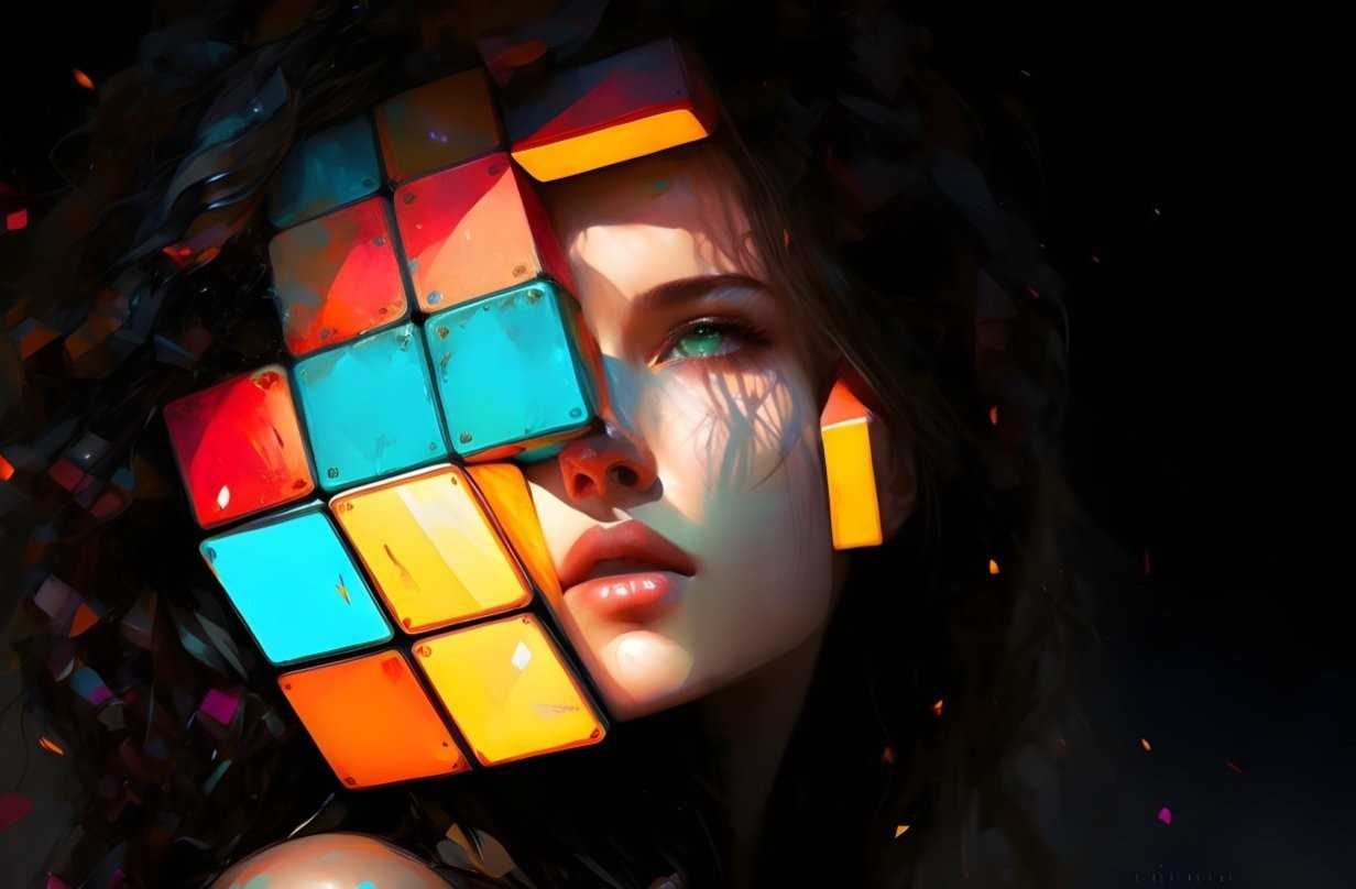 Colorful Rubik's Cube Pattern Overlay on Woman's Face in Digital Art