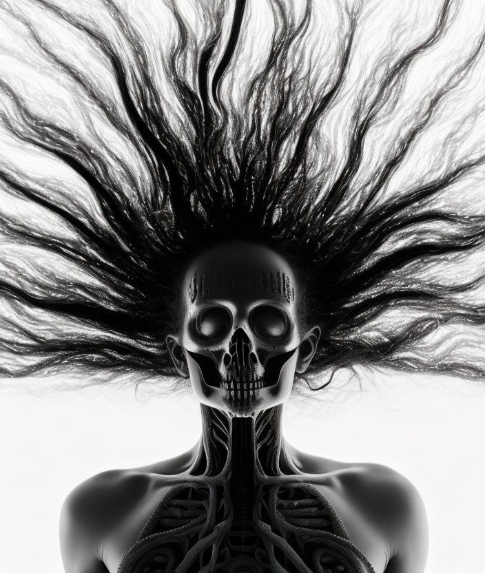 X-ray human skeleton with flowing hair-like structures on white background