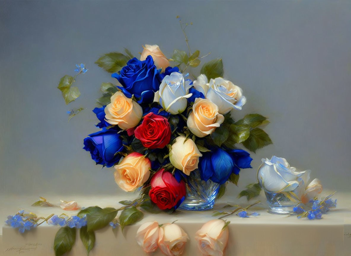 Bouquet of Blue, White, and Red Roses in Glass Vase Still Life