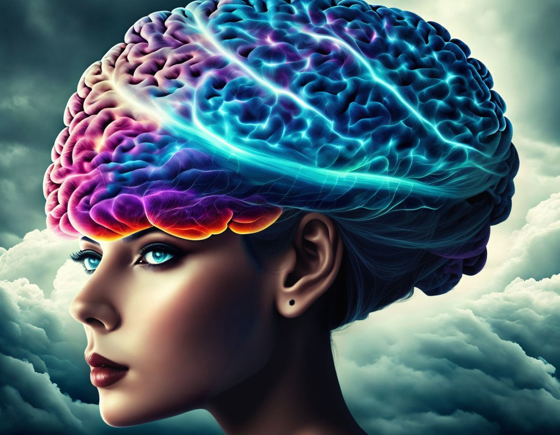 Colorful Brain Illustration on Woman's Profile with Electric Impulses