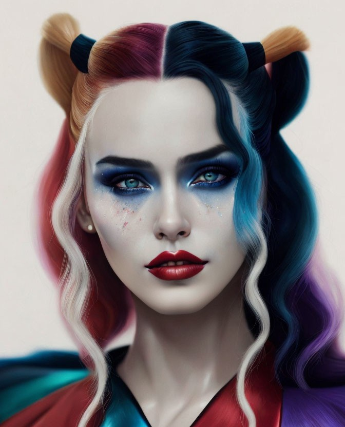 Colorful Hair and Makeup with Blue Eyes, Red Lips, and Star Glitter