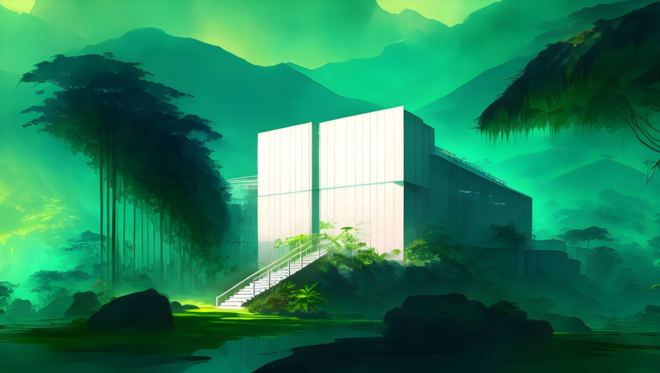 Futuristic building in misty green mountain landscape