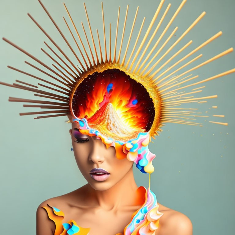 Colorful surreal portrait with exploding star headpiece and melting ornaments