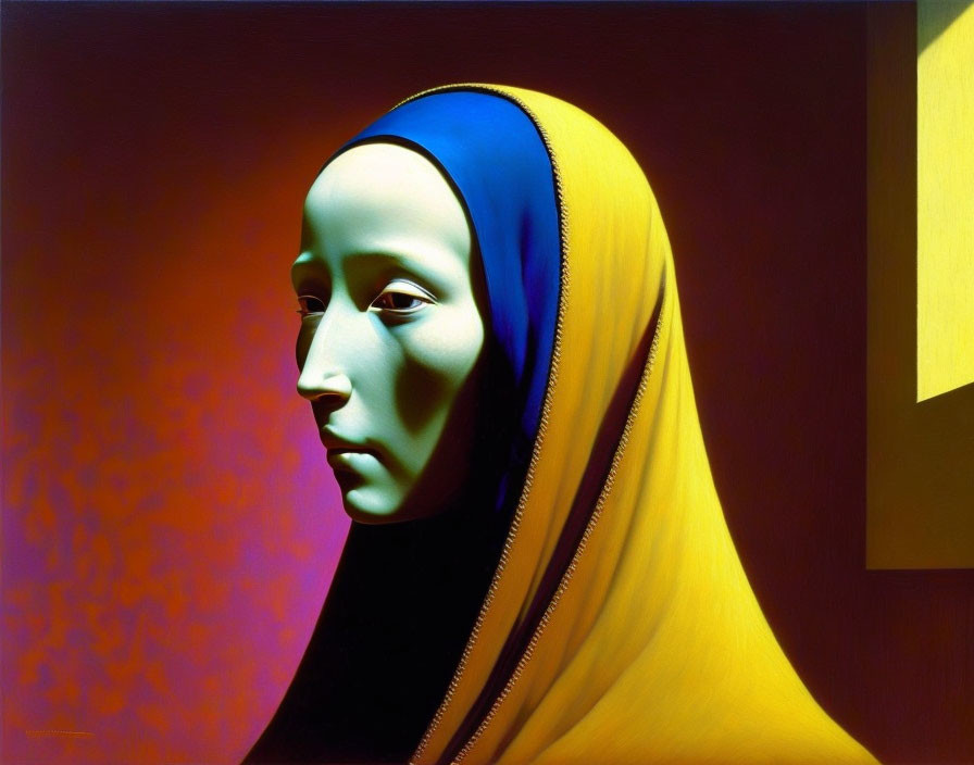 Hyperrealistic Painting of Woman in Blue Headscarf and Golden Garment on Red Background