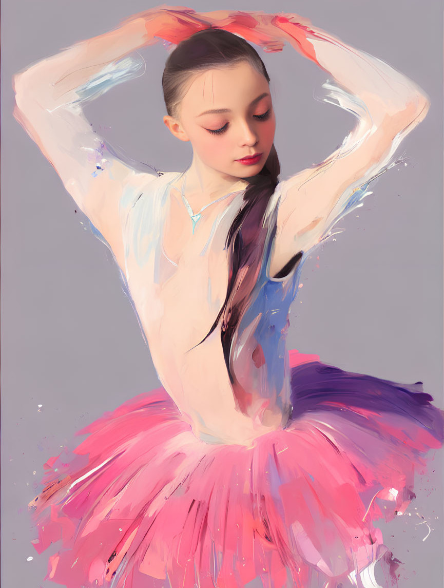 Young Ballerina in Pink Tutu Surrounded by Colorful Paint Strokes