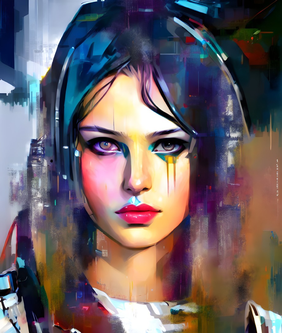 Colorful Digital Art of Woman's Face with Abstract Blue and Yellow Elements