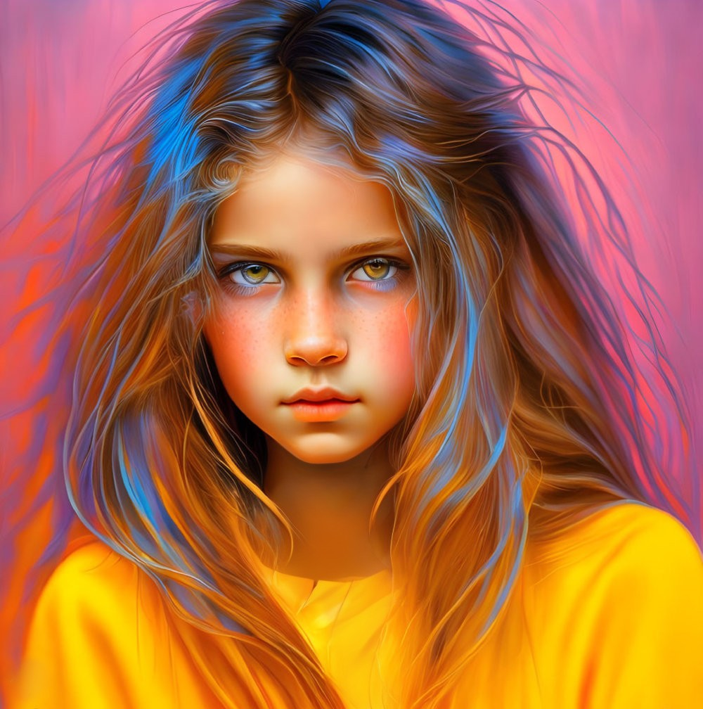 Colorful portrait of young girl with blue eyes and flowing hair on warm gradient backdrop