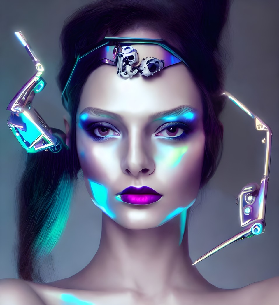 Female model with cybernetic enhancements and blue lighting in digital art portrait