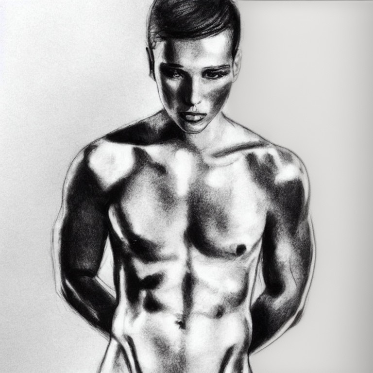 Muscular Male Figure Sketch with Defined Abs and Confident Pose
