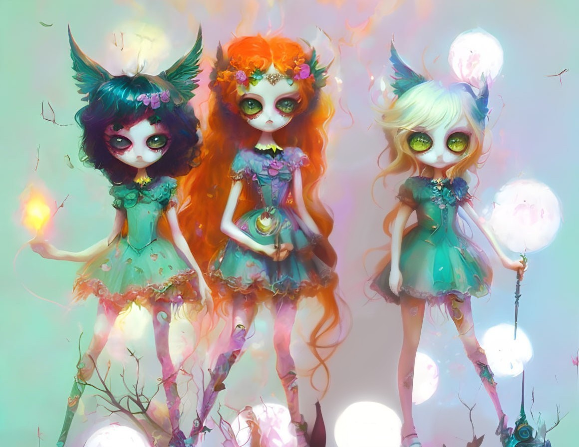 Colorful Stylized Fantasy Dolls with Large Eyes and Floral Accessories