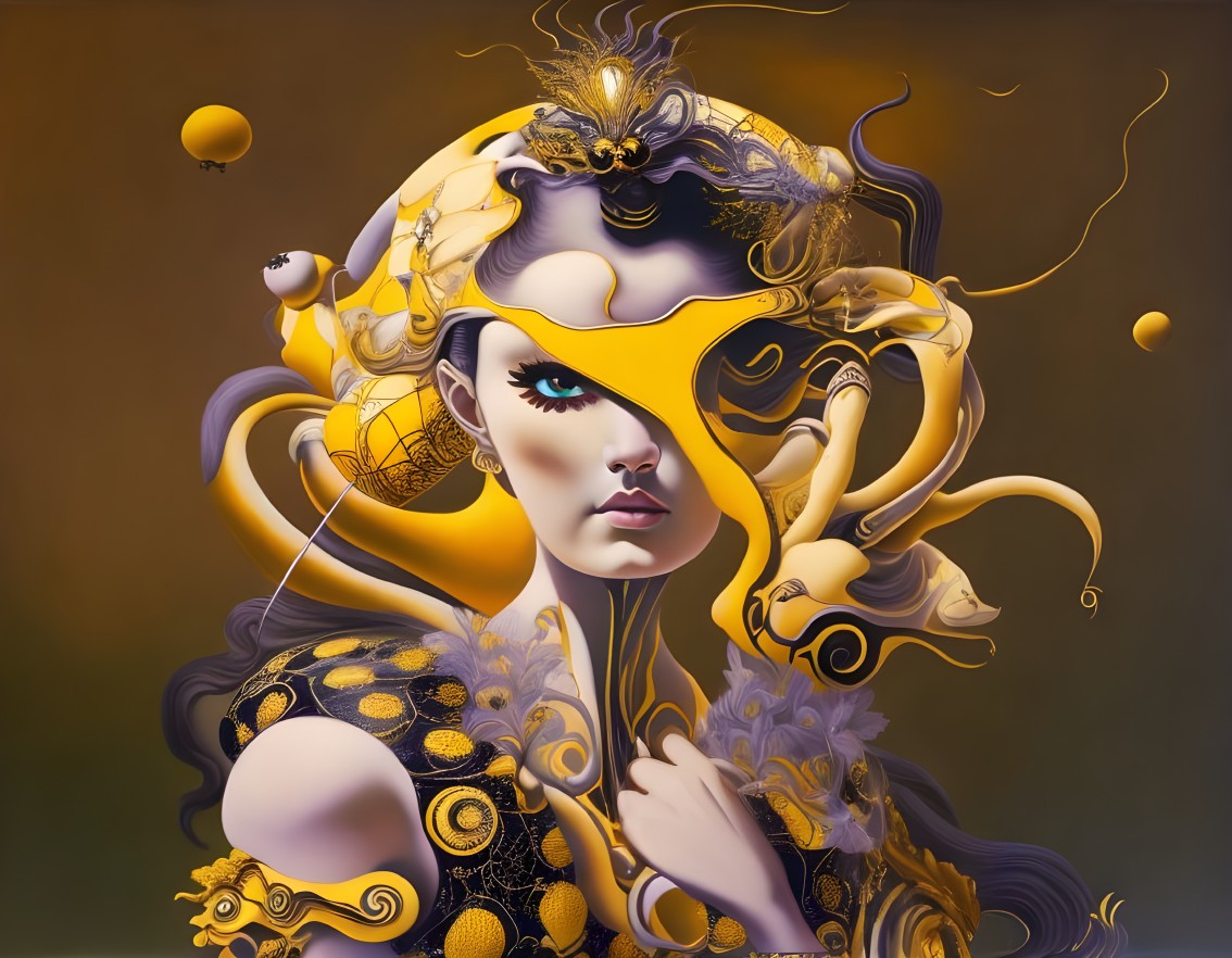 Intricate golden hair portrait with surreal elements