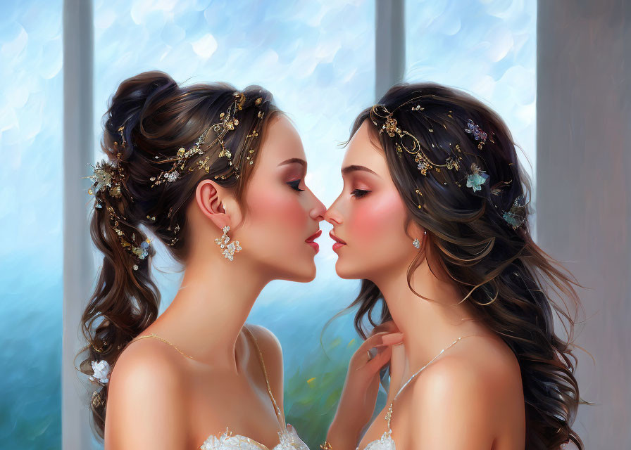 Two Women with Elaborate Hairstyles and Jewelry in Romantic Moment