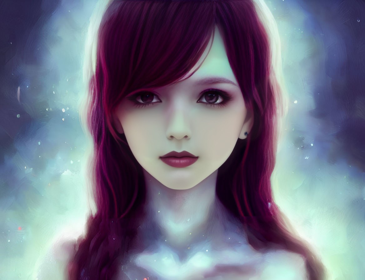 Purple-haired girl in digital art with cosmic elements on ethereal blue background