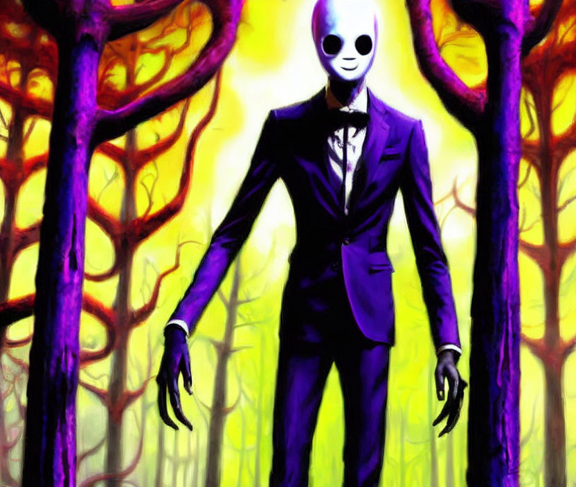 Surreal figure in white head and black suit in colorful forest