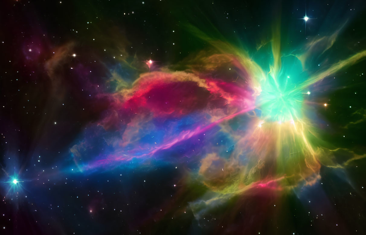 Vibrant cosmic scene with green starburst and colorful clouds