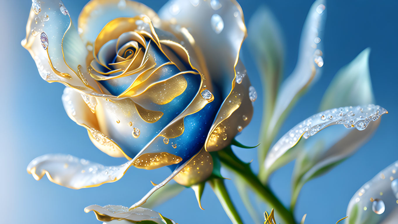 Digitally-rendered blue and gold rose with dewdrops on blurred background