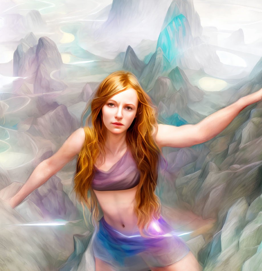 Digital artwork of a woman in purple attire balancing in mountainous landscape