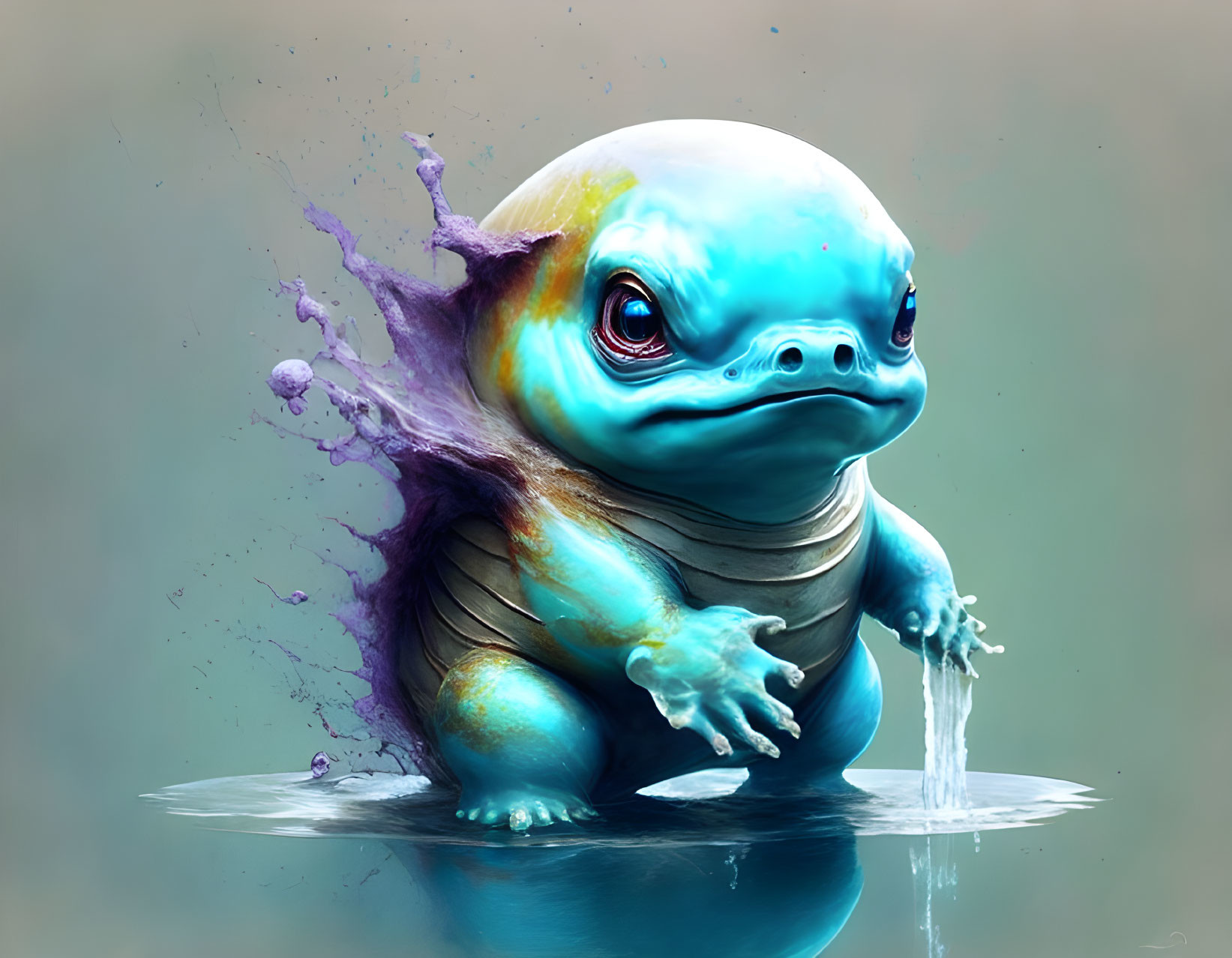 Colorful Digital Art: Anthropomorphic Blue Frog with Violet Splash Effect