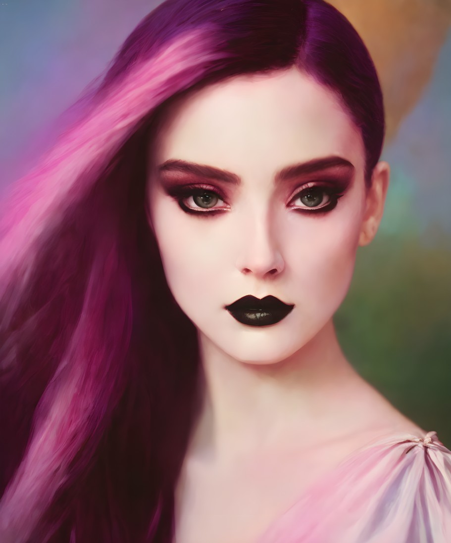 Portrait of woman with purple hair and bold makeup on multicolored background