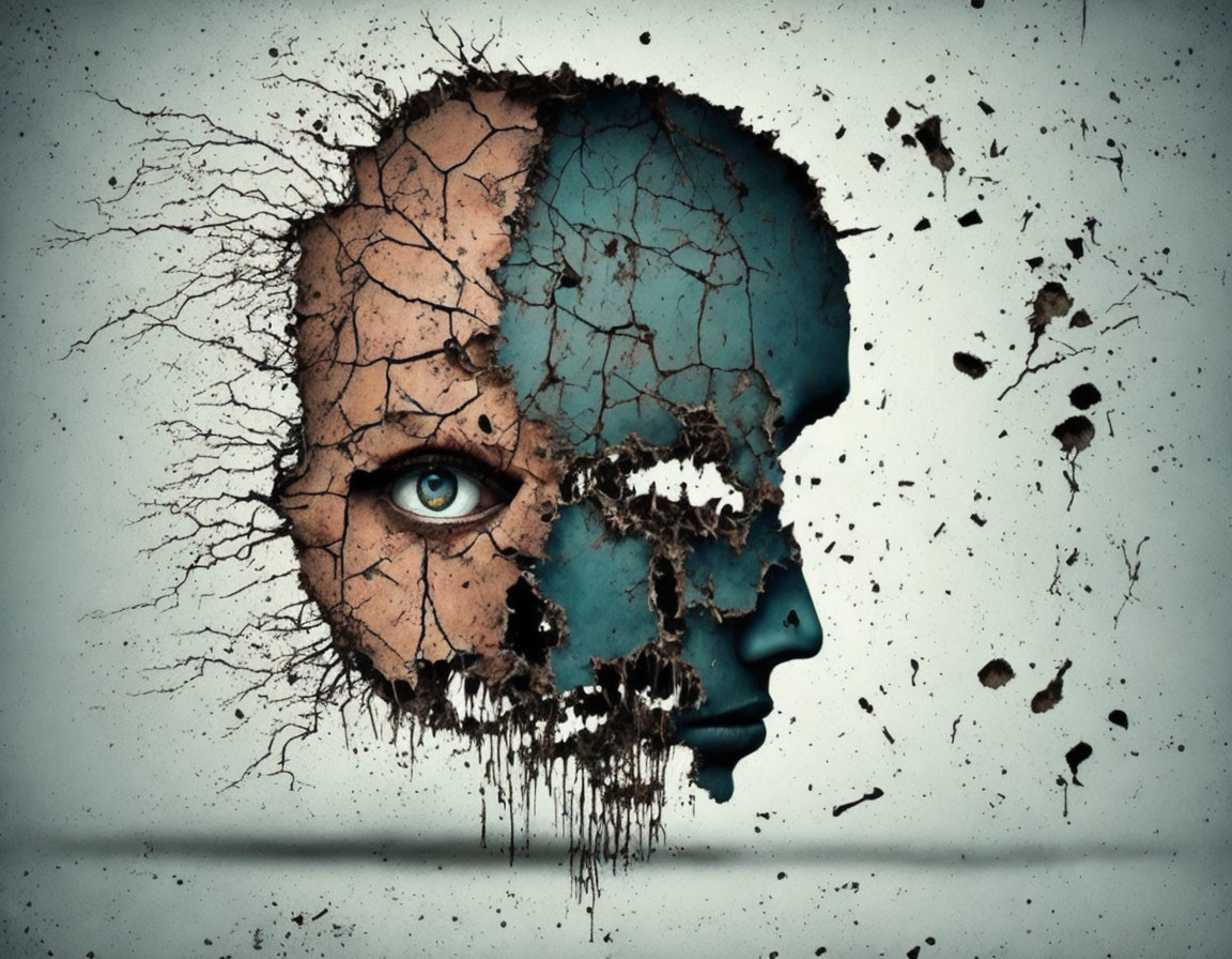 Surreal portrait: half-normal face with blue eye, half-disintegrating with cracked texture