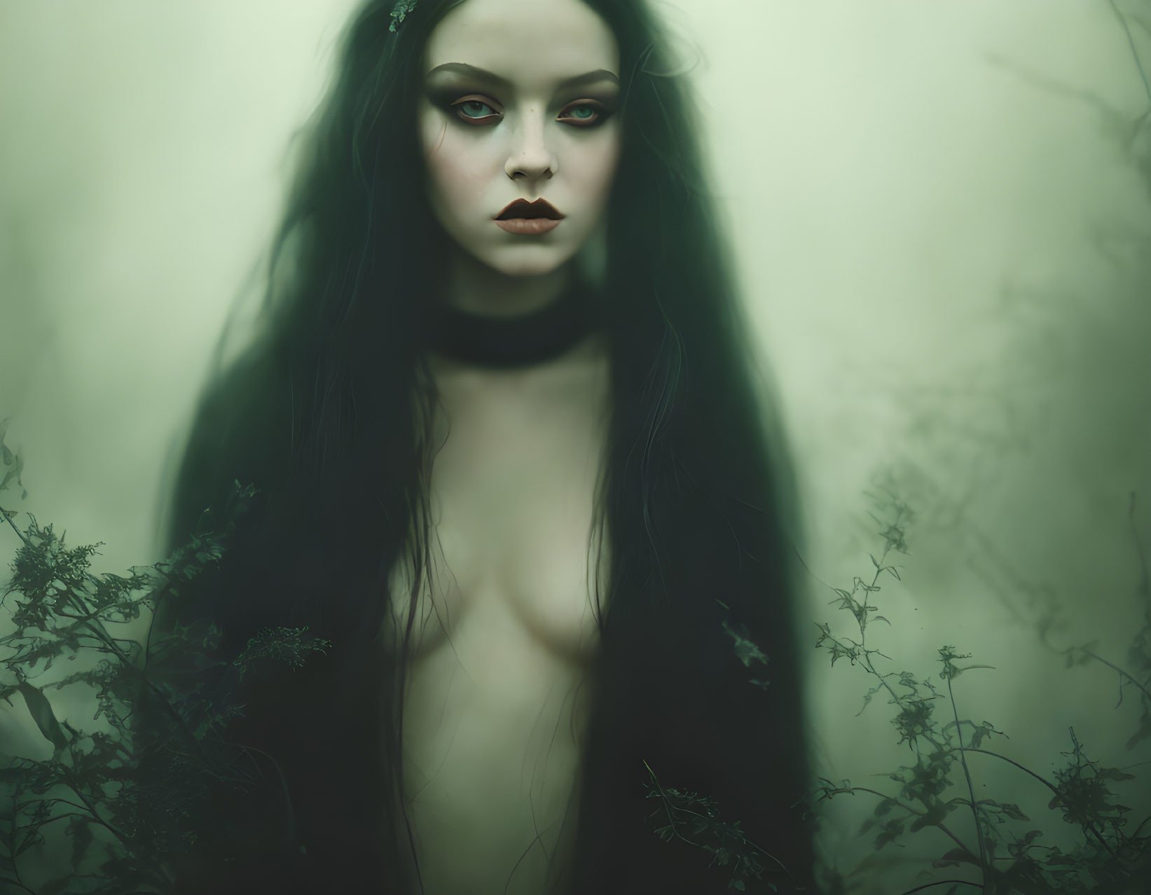 Pale woman with dark hair in striking makeup amidst misty greenery