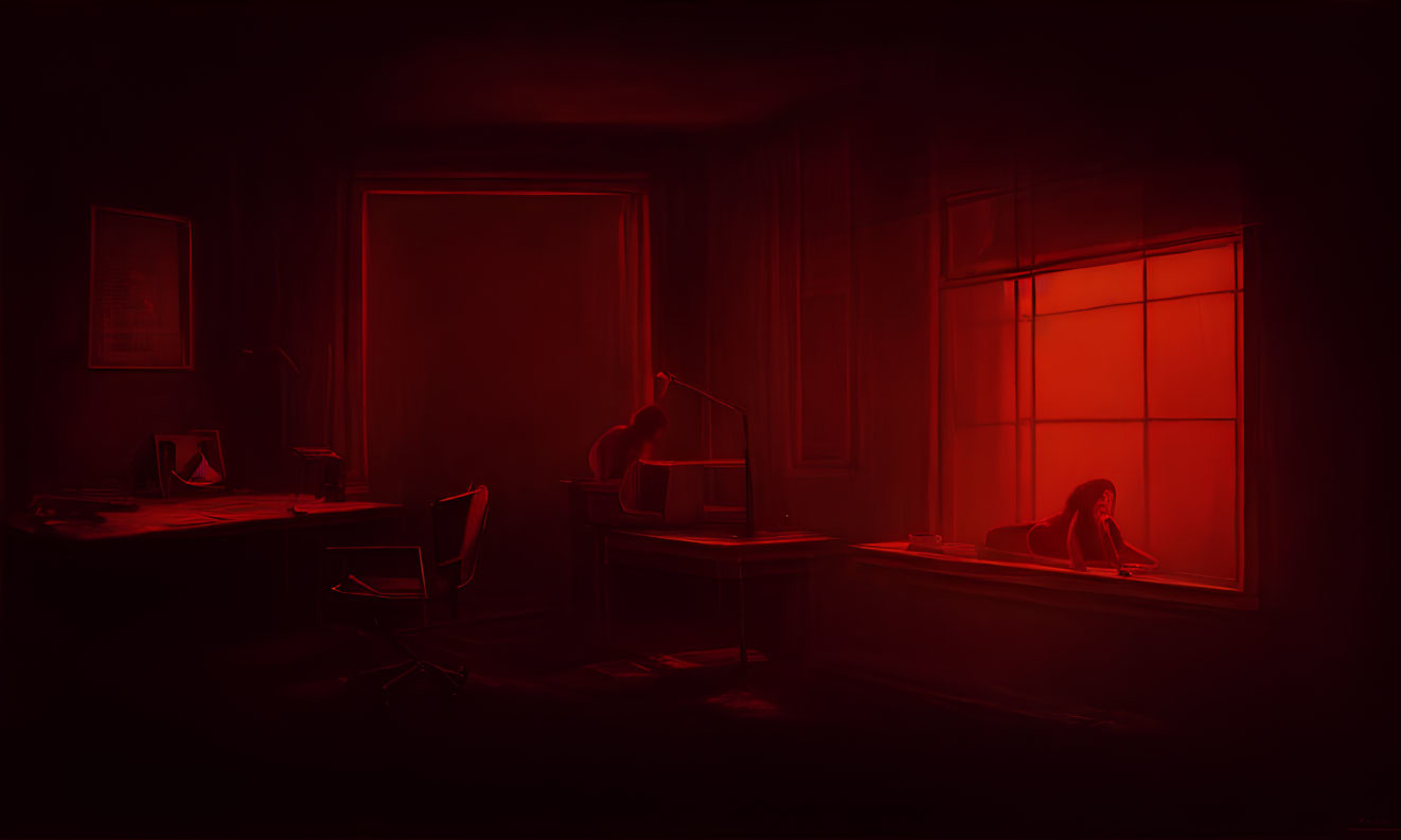 Dimly Lit Room with Red Light Silhouette Sitting at Desk