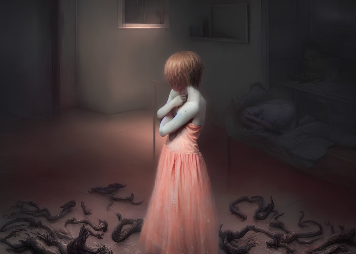 Dark room with girl in pink dress, surrounded by serpentine creatures and desolate bed.