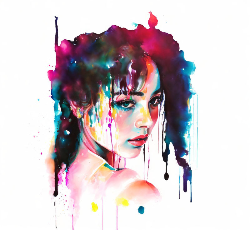 Vibrant Watercolor Portrait of a Woman with Colorful Splashes