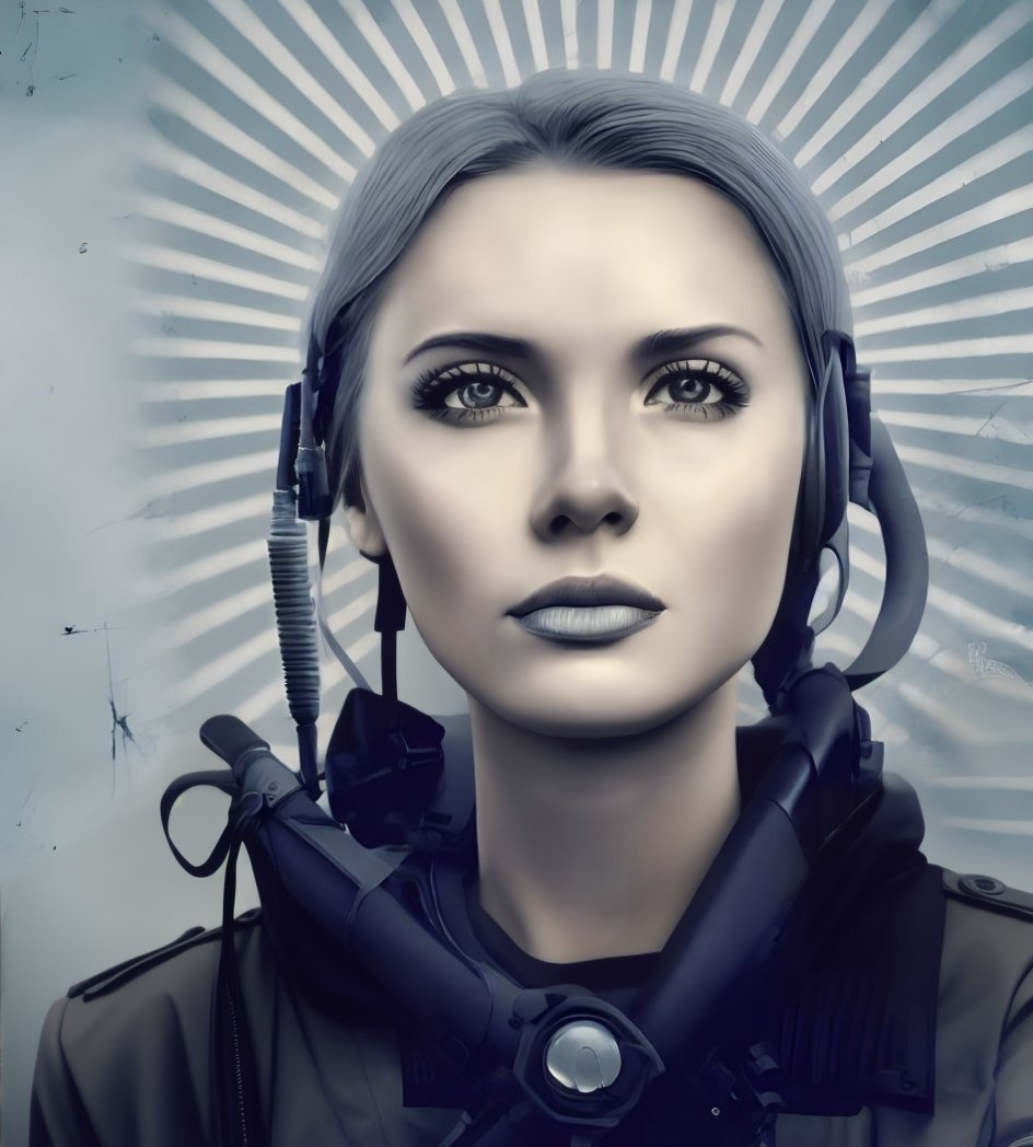 Futuristic woman with gray skin and headset in radiant backdrop