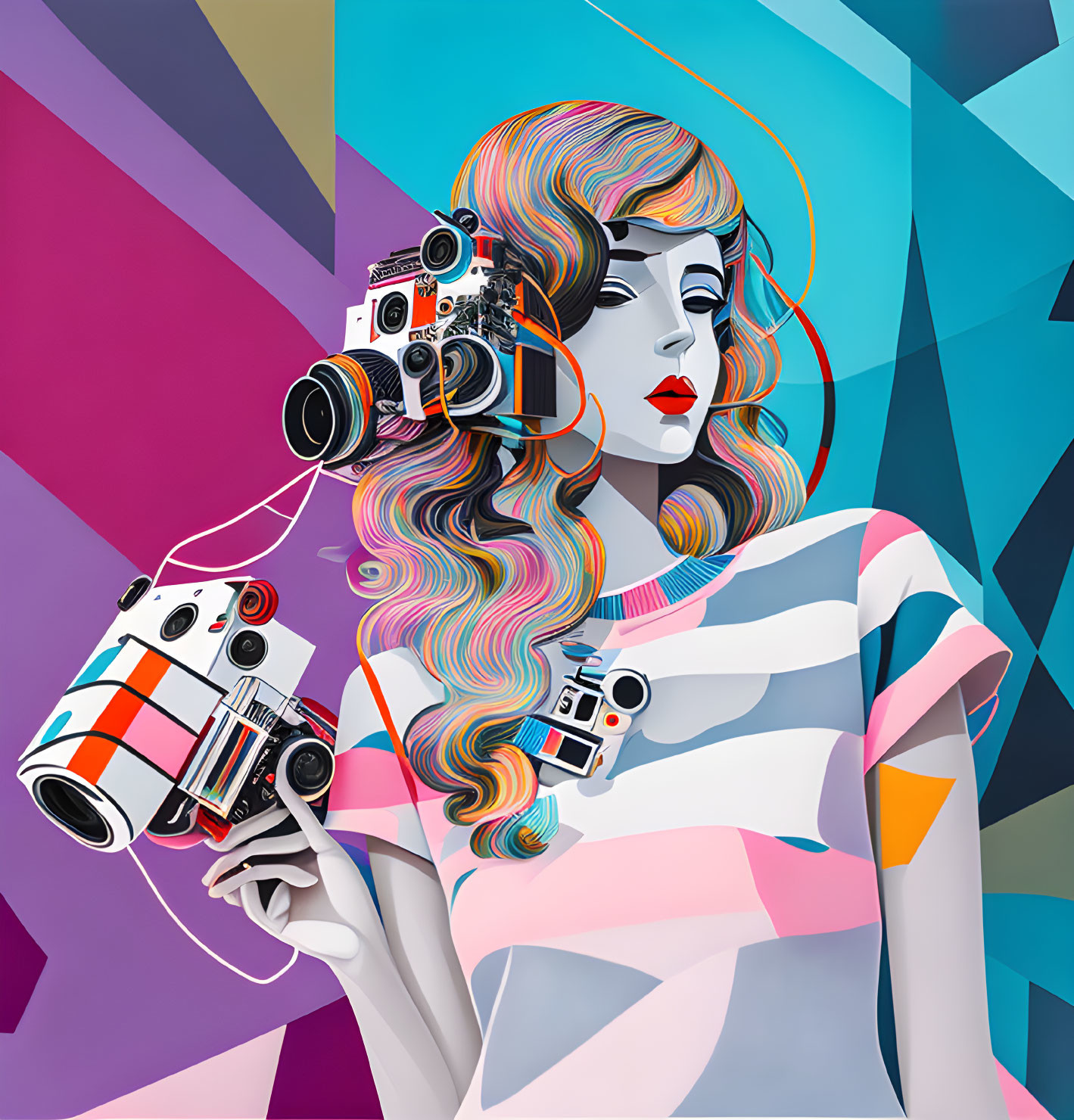 Vibrant illustration: Woman with rainbow hair and vintage cameras on geometric backdrop