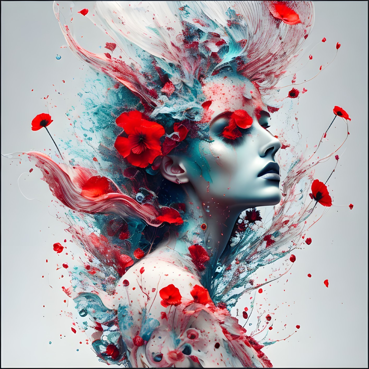 Surreal portrait of woman with blue skin and swirling red poppies