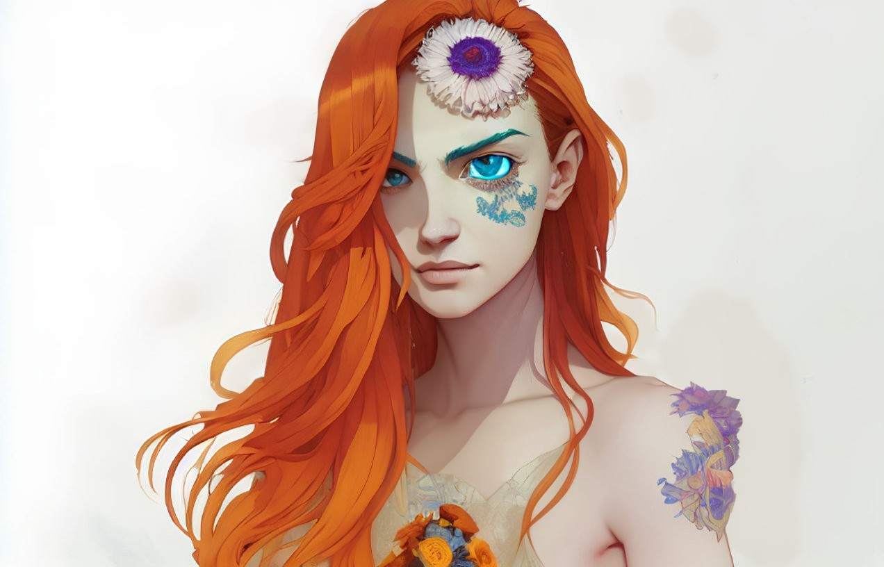 Digital Artwork: Woman with Red Hair, Flower Eye, Floral Tattoos