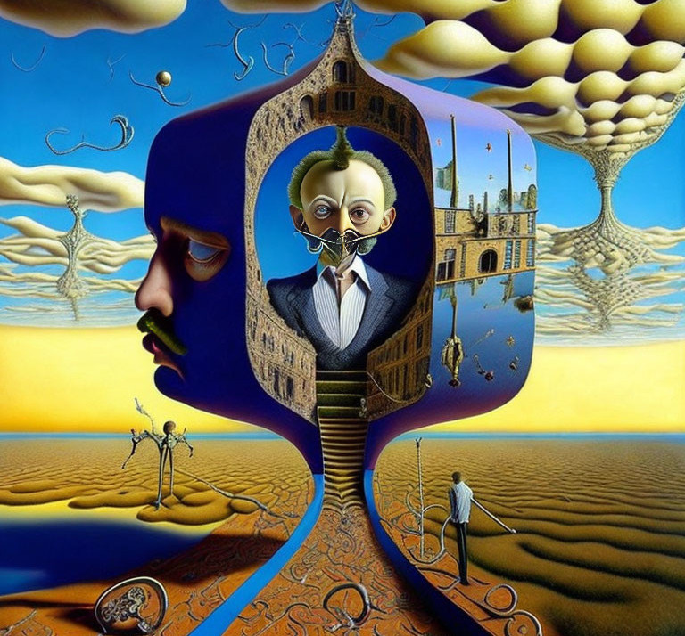 Surrealist Artwork: Face Silhouette with Man's Portrait in Dreamlike Landscape