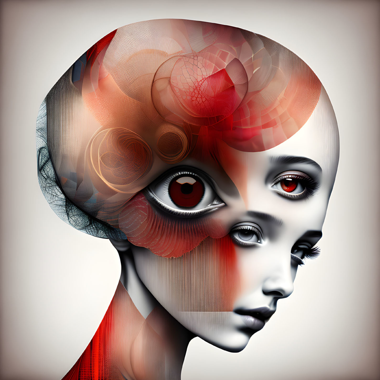 Surreal humanoid with multiple eyes and mechanical elements in red and gray tones