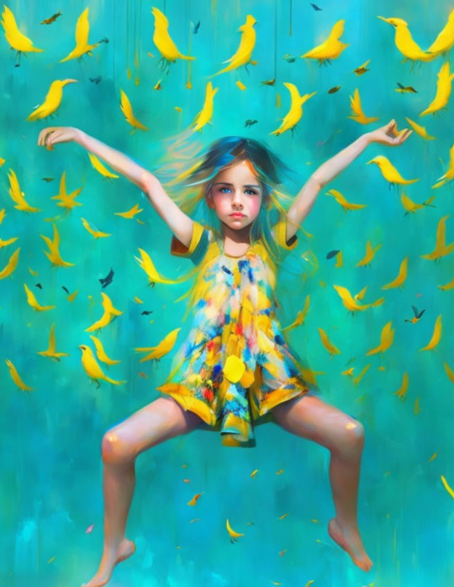 Young girl with flowing hair and yellow birds in turquoise setting wearing floral dress