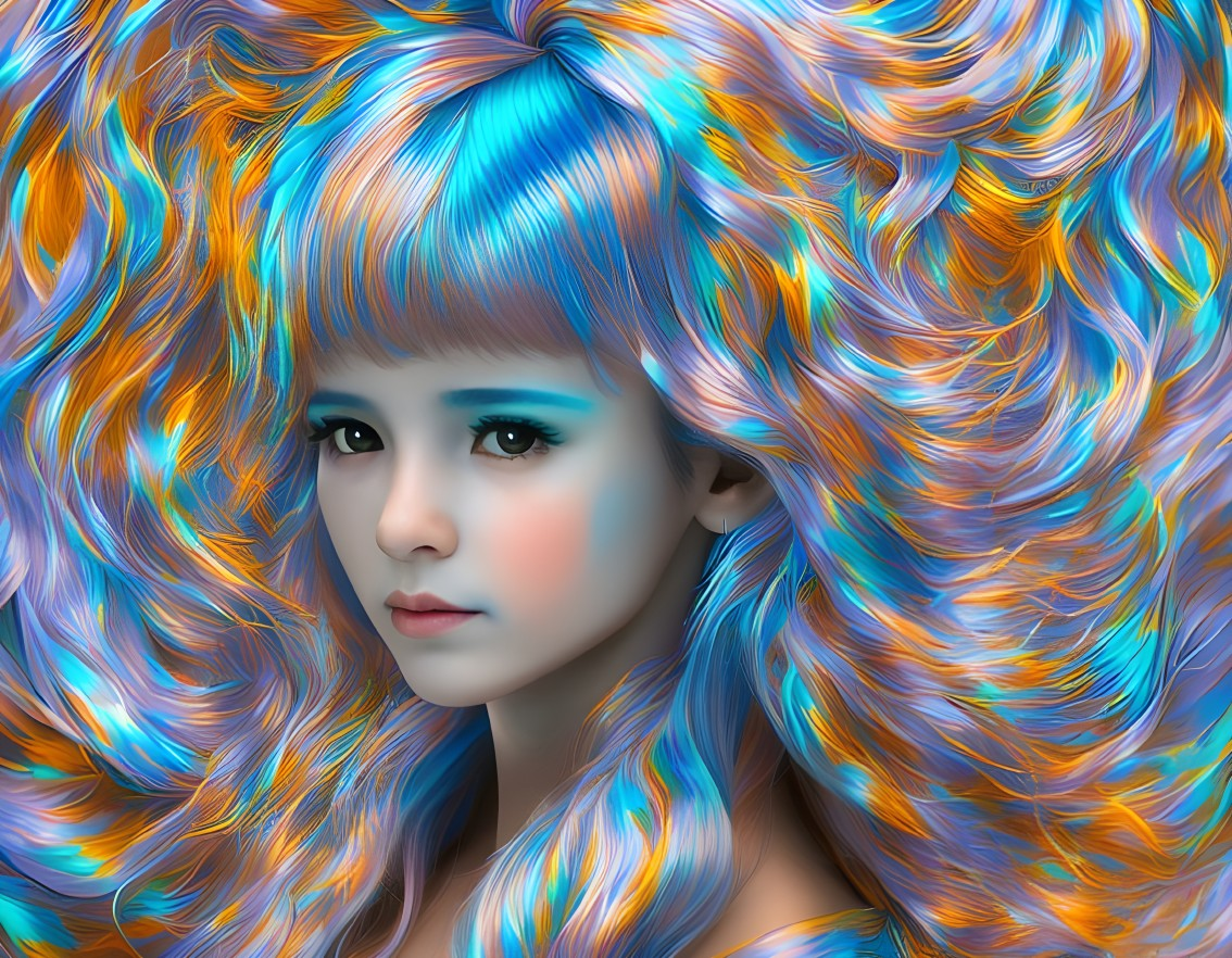 Vibrant digital artwork: Young girl with colorful wavy hair